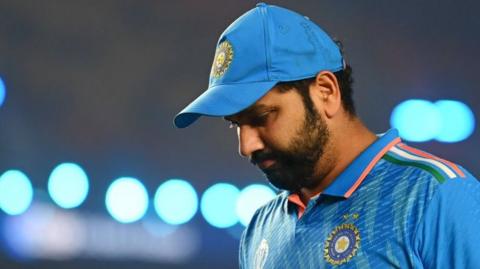 Rohit Sharma of India cuts a dejected figures following the ICC Men's Cricket World Cup India 2023 Final between India and Australia at Narendra Modi Stadium on November 19, 2023 in Ahmedabad, India.