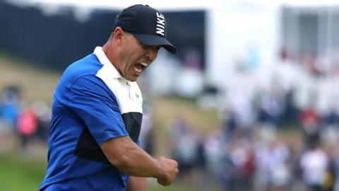 Brooks Koepka roars in delight after winning the US PGA at Bethpage