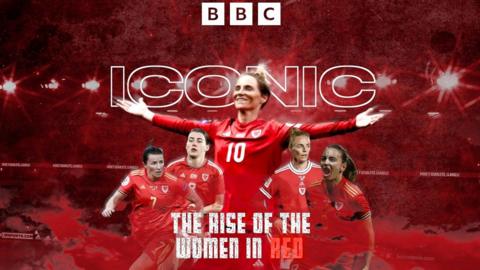 Wales players and graphic promoting BBC series Iconic: The rise of the women in red