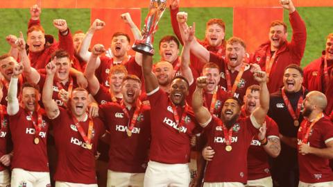 The British and Irish Lions celebrate their series win over Australia