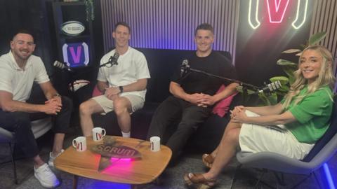 L-R: Alex Cuthbert, Liam Williams and Jonathan Davies with presenter Lauren Salter