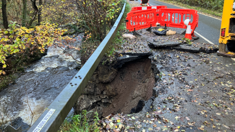 Hole in the road, A470, Talerddig