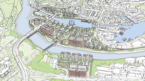 An aerial colour sketch of the proposed Bristol Western Harbour development plans showing apartment buildings and green ecological spaces on both sides of the waterway