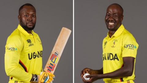 Roger Mukasa on the left and Frank Nsubuga on the right in their Uganda cricket shirts, one holding a bat and one a ball