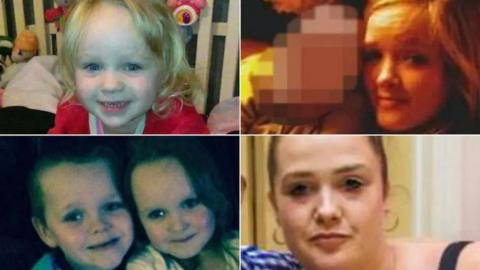 Lia, three, with long blond hair smiling, top left,  Demi, 15, with long blond hair, top right, Brandon with short hair and Lacie with brown hair both smiling, bottom left, and their mother Michelle Pearson with brown hair tied back wearing hoop earrings, bottom right