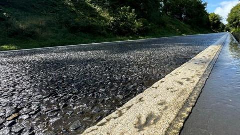 A dirty looking white line along the side of a road, which is wet. There are green embankments at wither side of the road and blue sky up ahead.