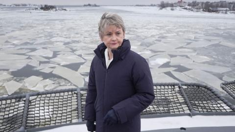 Foreign Secretary Yvette Cooper meets crew onboard the Coast Guard ship K/V Turva in Helsinki