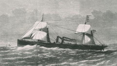 A Victorian era etching of a passenger - She has sails and a two funnels which are spewing smoke as she steams through the ocean