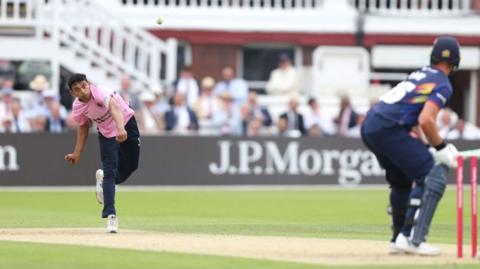 Nathan Fernandez of Middlesex dismisses Daniel Sams of Essex Eagles