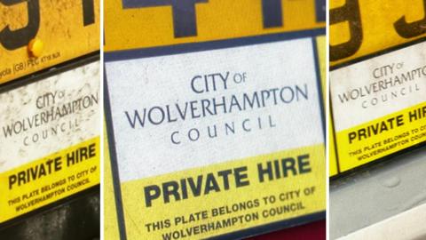 A montage showing three licence plates for private hire vehicles. Each is white and yellow, with a black border, and labelled "City of Wolverhampton Council" in black letters, along with "Private hire", and "this plate belongs to City of Wolverhampton Council".
