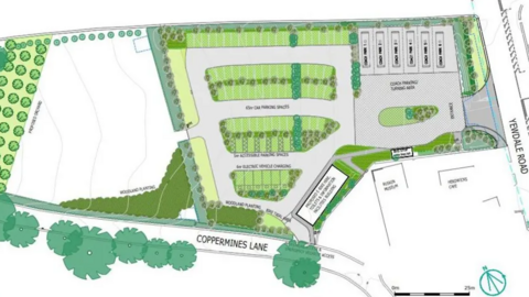 A map of the proposed car park. The entrance to the site is on the east of the map at Yewdale Road, while the Ruskin Museum stands to the south. six coach bays are located near the entrance while the 70 car parking spaces are further to the west.