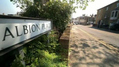 A white street sign with black writing reading ALBION PLACE. The sign is on the left of the image and is surrounded by green plants. There is a pavement in front of it and houses on the right