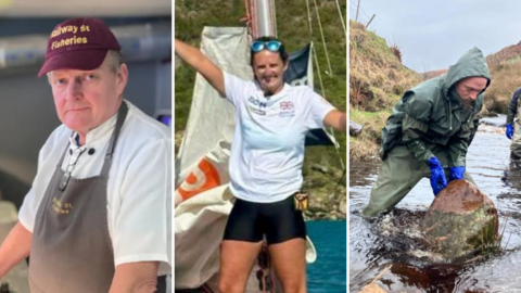 Three images: on the left a man in fish and chip shop uniform, in the middle a woman in shorts and T shirt on a boat, and on the right a man in waterproofs pull a rock out of a river