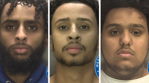 Wasim Omar, Mohammed Sharif and Ali Hassan appear in police mugshots. Wasim has dark curly hair and a beard and is wearing a blue top. Mohammed has dark hair and a beard and Ali also has dark hair and a slight beard. 