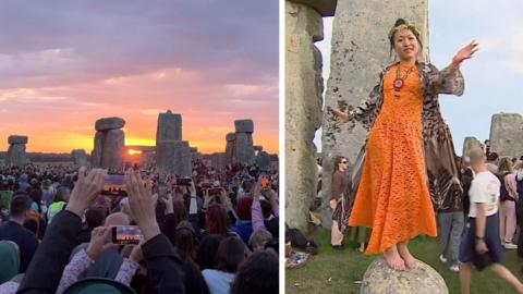 People filming sun rising over Stonehenge and person dancing on top of a rock