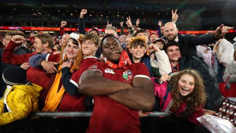 British and Irish Lions captain Maro Itoje celebrates with supporters after their 2-1 series win, despite them losing the third Test against Australia at the Accor Stadium in Sydney