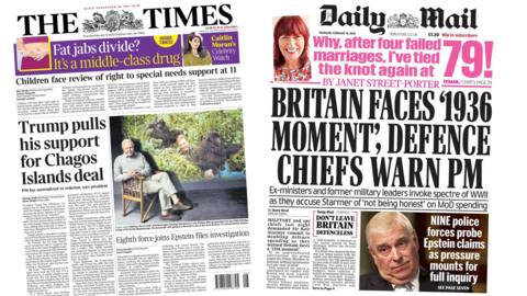 The front pages of the Times and the Daily Mail on 19 February 2026.