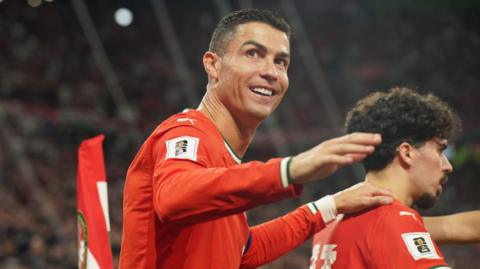 Cristiano Ronaldo celebrates scoring for Portugal during 2026 World Cup qualifying match against Hungary