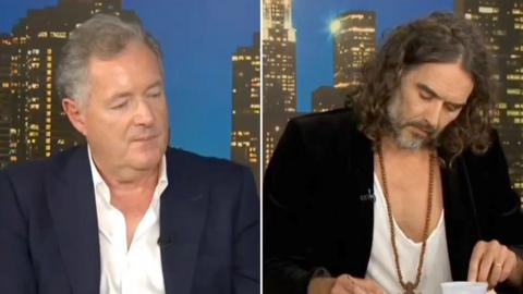 A split image of presenter Piers Morgan and personality Russell Brand