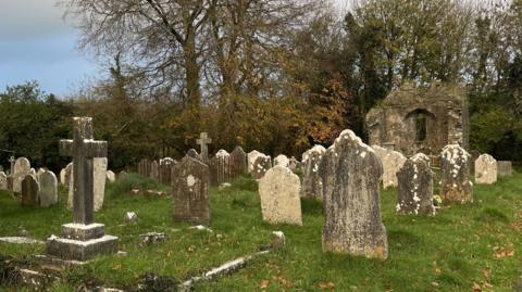 A view of graves in the back left hand corner of the Holy Trinity Graveyard in Buckfastleigh. In the background are ruins and a bank of autumnal trees.