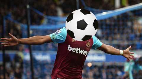 An image of a West Ham player with a ball over his face