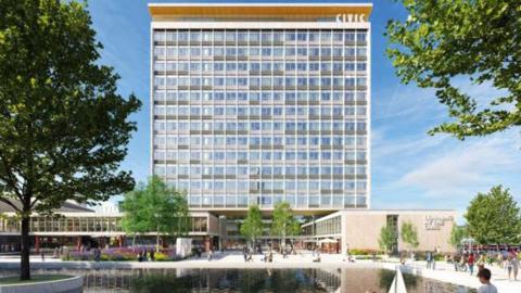 A CGI showing the planned new version of the Civic Centre in Plymouth with a 'CIVIC' sign in the top right corner and a sign saying 'Learning at the Civic' on the ground floor building on the right.
