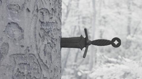 A sword hilt and the base of the blade can be seen protruding from the trunk of a tree which has carvings on it. The hilt has a diagonal line pattern and the pommel has a hole through the middle of it.