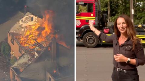 Composite image showing on the left house being consumed by fire and on right a woman pointing at a fire truck