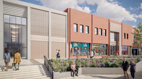 A computer generated image of a two-storey red brick building showing people walking on the pavement, steps and sitting on concrete planters.