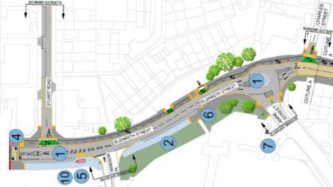 Drawing showing Elizabeth Street, with trees planted at the side of the carriageway, a side road heading up the page on the left, labelled as Stuart Road, and a road going down on the right, which is Anne Street. Lines drawn on the map show where buildings are situated 