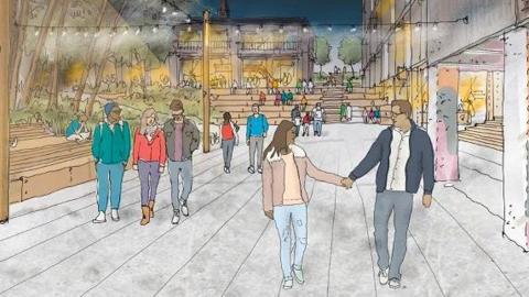 Drawing of a vision of the project, featuring couples and groups of people on a pavement with modern buildings either side and beyond. There are steps in the distance up to an upper level of buildings. The building to the right of the picture has white pillars.