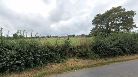 A general view picture of a country lane, with a hedgerow ahead and behind it grass and, further away, other houses.