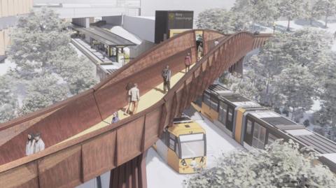 An artist's computer-generated impression of how the new Bury Interchange might look, with a footbridge over tramlines at a station, with trams waiting for passengers.