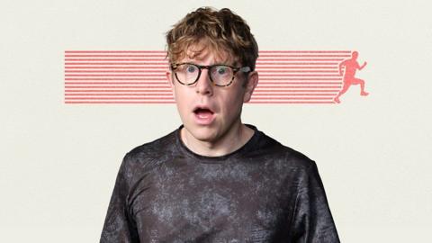 Josh Widdicombe in a grey t-shirt and glasses with his mouth open in surprise. The background is cream with a coral outline of a runner and stripes behind them.