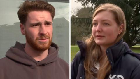 Composite image : Male student on the left wearing a brown hoodie, female on the right wearing a dark coat.