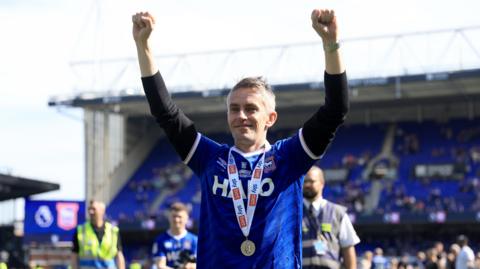Kieran McKenna celebrates promotion to the Premier League with Ipswich Town.
