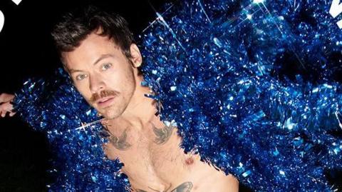 Harry styles, who is wearing grey trousers and a blue jacket made out of tinsel, is staring at the camera in this promotional photograph.