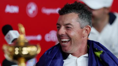 Team Europe's Rory McIlroy during a press conference after winning the Ryder Cup