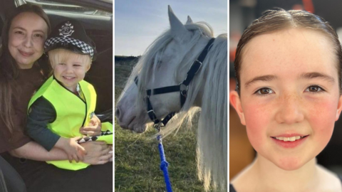 Three side-by-side images; on the left, a woman with long brown hair sits with a young, blonde-haired child on her lap. The child wears a police fancy dress costume. In the middle, a grey horse with a long mane, with a halter and lead rope. On the right, a young girl looks at the camera, with her brown hair tied back from her face.