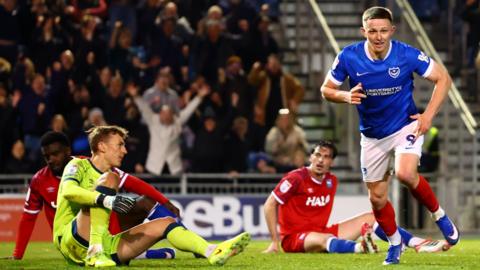 Colby Bishop celebrates scoring against Ipswich