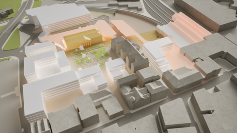 A mock up of how the Station Quarter could look. The modelling shows blocks of buildings and a green space in front of Inverness Library.