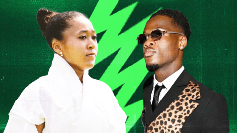 Naomi Osaka and DR Congo's Matthieu Epolo posed against a textured green background with a large neon-green lightning-bolt graphic. Osaka wears a white high-collared outfit, while Epolo wears a black suit with a leopard-print lapel and dark sunglasses.