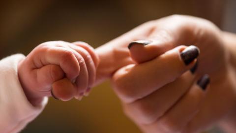 A new baby holds the finger of its mother.