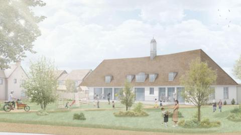 Image of what the proposed 'Kinder Cafe' in the converted pavilion at the Darwin Green development could look like. It is surrounded by houses and in front of it is a green space where families are playing.