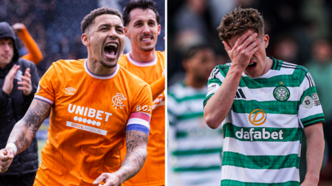 Rangers captain James Tavernier celebrates while Celtic midfielder Luke McCowan looks dejected