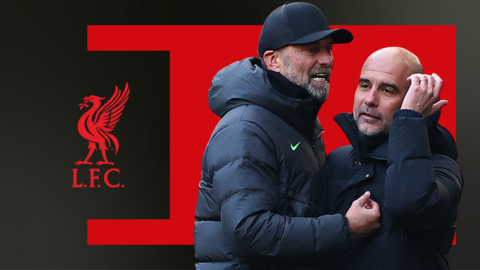 Jurgen Klopp and Pep Guardiola embracing on the touchline, in front of a red and black background and the Liverpool club badge