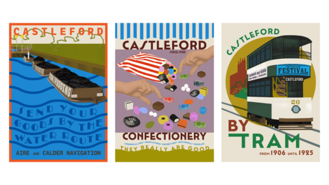Three posters about Castleford’s history, including coal boats, sweets, and an old tram. Each poster is bold and simple, showing important parts of the town’s past.