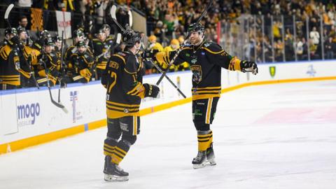 Tim Doherty of Nottingham Panthers celebrates his goal with Jakob Stridsberg of Nottingham Panthers