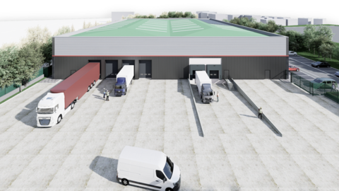 A CGI image of the planned new Royal British Veterans Enterprise factory in Aylesford, Kent. There are lorries and vans seen in the image.