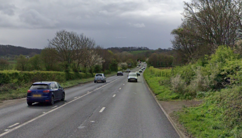 Google Maps street view of the A358 in Somerset. It is a straight road with two lanes on one side of the carriageway and one lane on the other. Vehicles are travelling on both sides of the road, and trees and bushes are on both sides of the road.